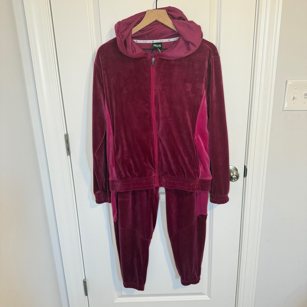 ZELOS Womens Burgundy Velour Tracksuit Set Hoodie Pants Size S‎ Cozy Loungewear